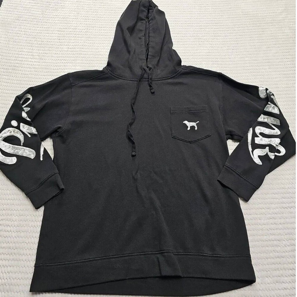 Victorias Secret Pink Sweatshirt Womens Medium Black Hooded Sequin Pockets - Picture 1 of 7